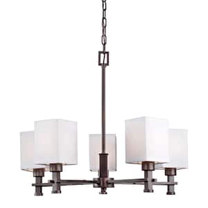 5-Light Antique Bronze Chandelier with Off-White Linen Shade