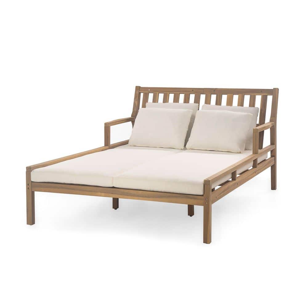 Light Teak Wood Outdoor Double Daybed, Patio Chaise Lounge with Beige Pillo
