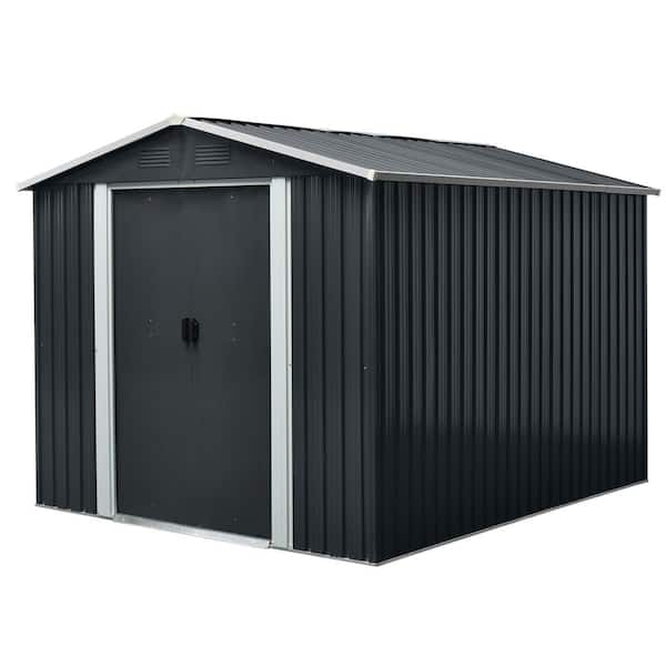 8 ft. W x 10 ft. D Outdoor Metal Storage Shed with Floor Base for Patio Backyard Garden Coverage Area 80 sq. ft. Black