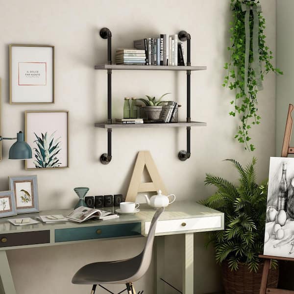 Woodsboro 9.45 in. x 31.5 in. x 39.37 in. Vintage Gray Oak 2-Shelf Decorative Wall Shelf