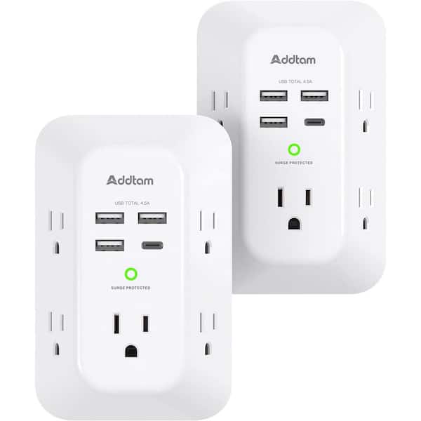 5-Outlet Power Strip Surge Protector with 4 USB Port 3 Sided Wall Adapter in White ( 2 Pack)