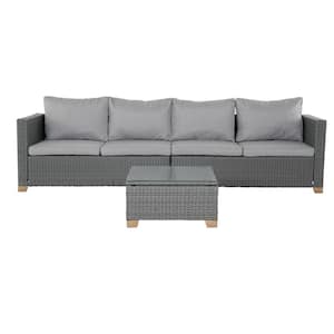 3-Piece Wicker Outdoor Patio Conversation Set with Light Gray Cushions and Glass Coffee Table
