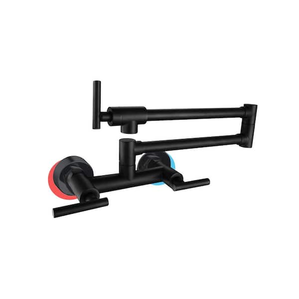AVITAS Wall Mount 2-Hole Pot Filler with Hot and Cold Control and Folding Stretchable 3-Handle in Matte Black