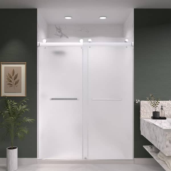 Catalyst 60 in. W x 76 in. H Double Sliding Frameless Shower Door in Chrome with 3/8 in. Obscure Glass