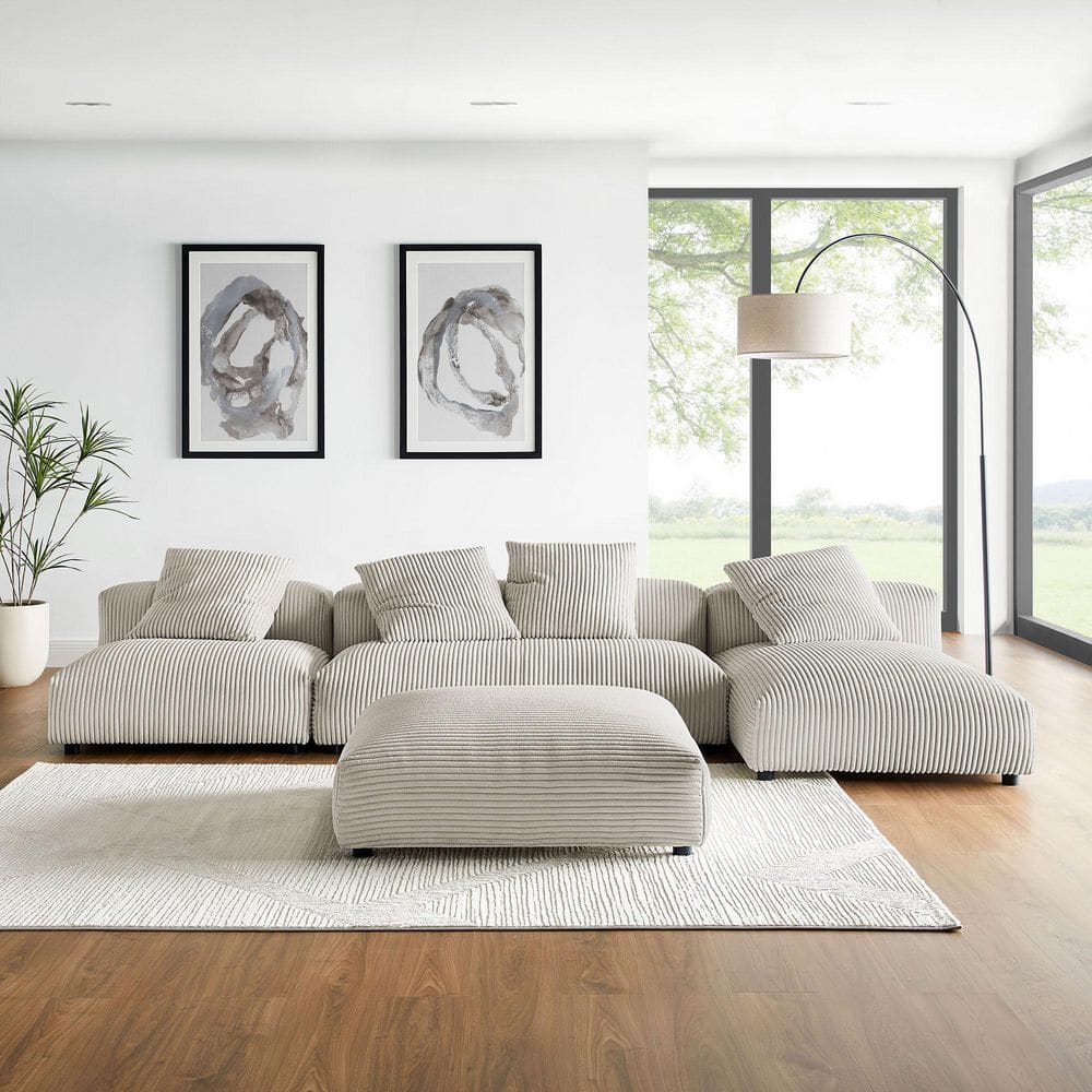Solace Modular 4-Piece Corduroy Sectional Sofa in. Almond