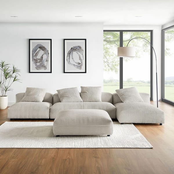 MODWAY Solace Modular 4-Piece Corduroy Sectional Sofa in. Almond