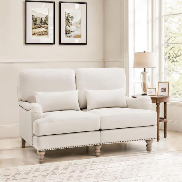 Yero 56 in. Round Arm Fabric Rectangle Mid-Century Upholstered Loveseat Solid Wood Frame Sofa with Pillow in. Ivory
