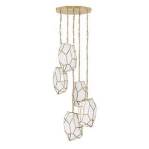 Heera 5-Light Gold Geometric Chandelier with White Glass Shades