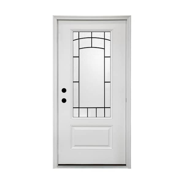 36 in. x 80 in. 1-Lite Right-Hand Frosted Glass 1-Panel White Fiberglass Prehung Front Door with Threshold, Hinges