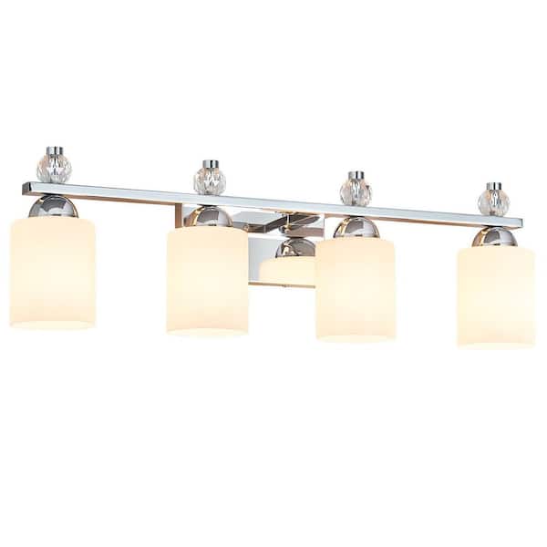 Home Lighting 27.75 in. 4-Light White Glass Chrome Metal Vanity Light Mid Century Over Mirror for Bathroom (JW-284)