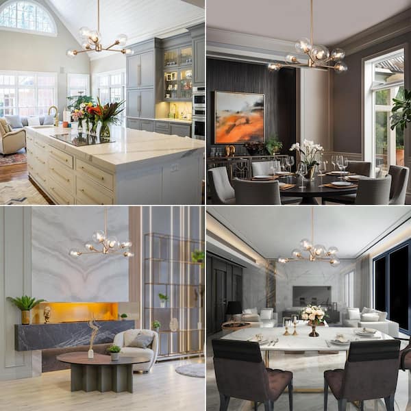 6-Light Modern Mid-Century Gold Dining Room Chandelier, Kitchen Island Flush Mount Chandelier with Globe Glass Shades