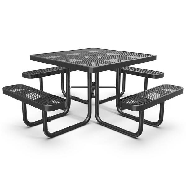 Unbranded 5-Piece Black Metal 8-Seat Outdoor Dining Set, 46 in. Expanded Square Picnic Table and Chair Set for BBQ, Picnic, Garden