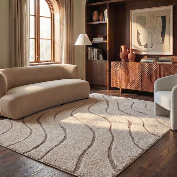 Florida Shag 10 ft. x 13 ft. Cream/Beige Striped Solid Color Area Rug