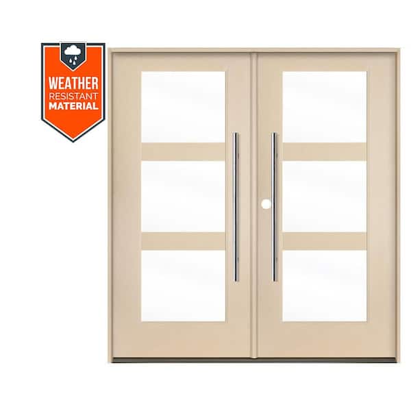 Modern Faux Pivot 72 in. x 79 in. Right-Active/Inswing 3Lite Clear Glass Unfinished Double Fiberglass Prehung Front Door