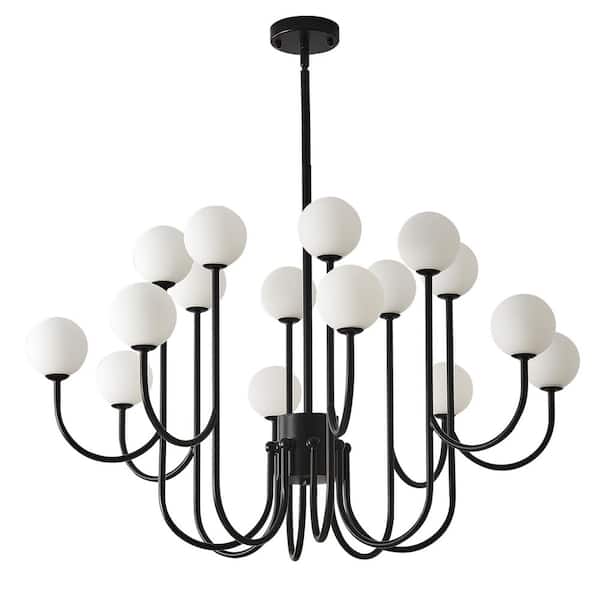 16 Light Black Sputnik Chandelier Mid Century Modern Light Fixture with Milk Glass Globe Shade for Dining Room