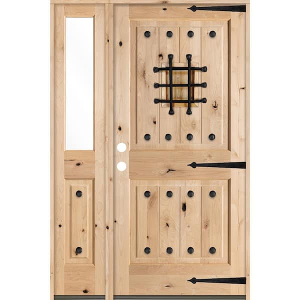 Krosswood Doors 50 in. x 80 in. Mediterranean Knotty Alder Sq Unfinished Right-Hand Inswing Prehung Front Door with Left Half Sidelite