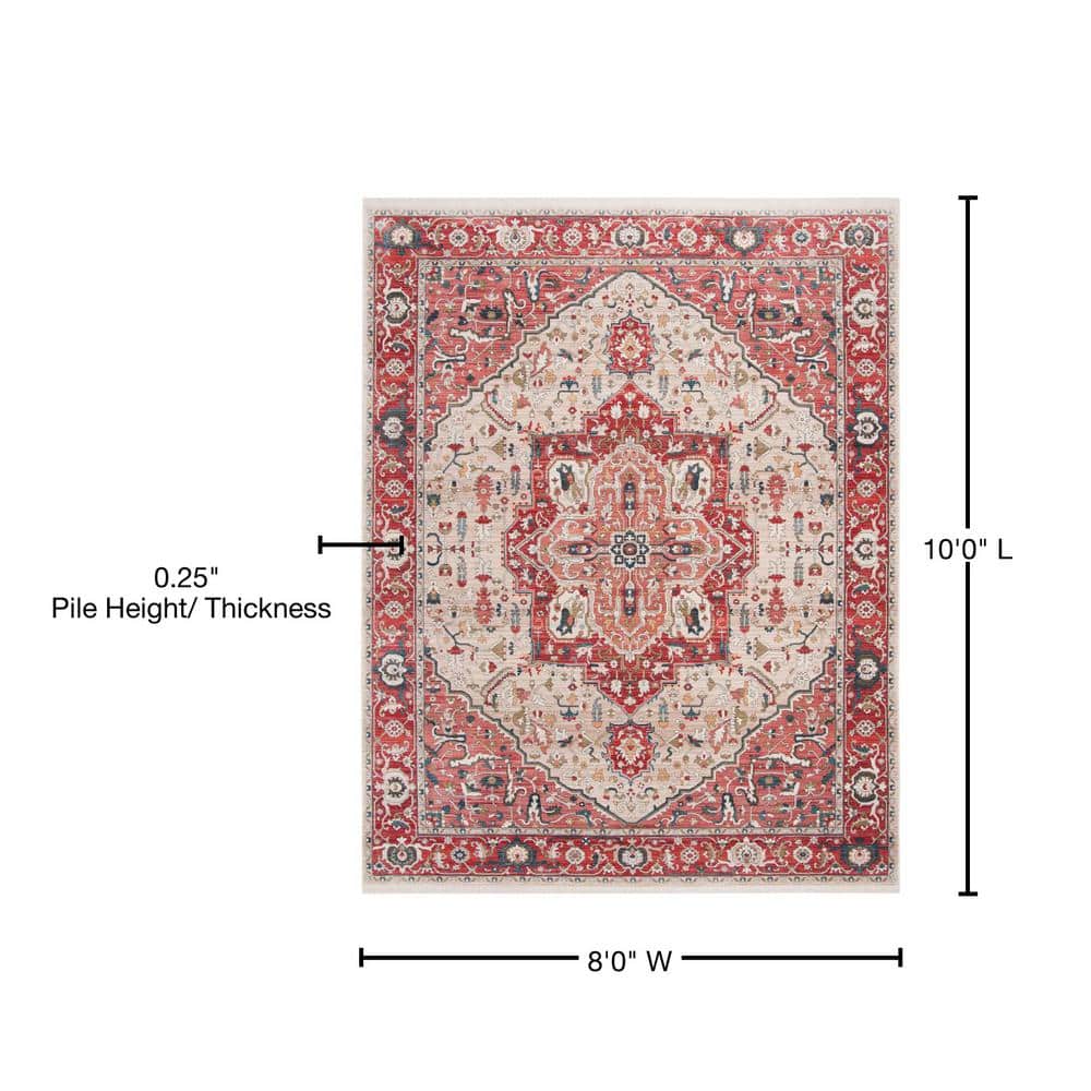 Red and Ivory Hand-Knotted Synthetic Persian Rug, 8' x 10'