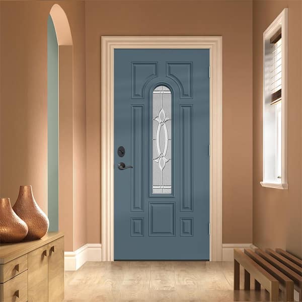 36 in. x 80 in. Left-Hand/Inswing Center Arch Blakely Decorative Glass Colony Steel Prehung Front Door