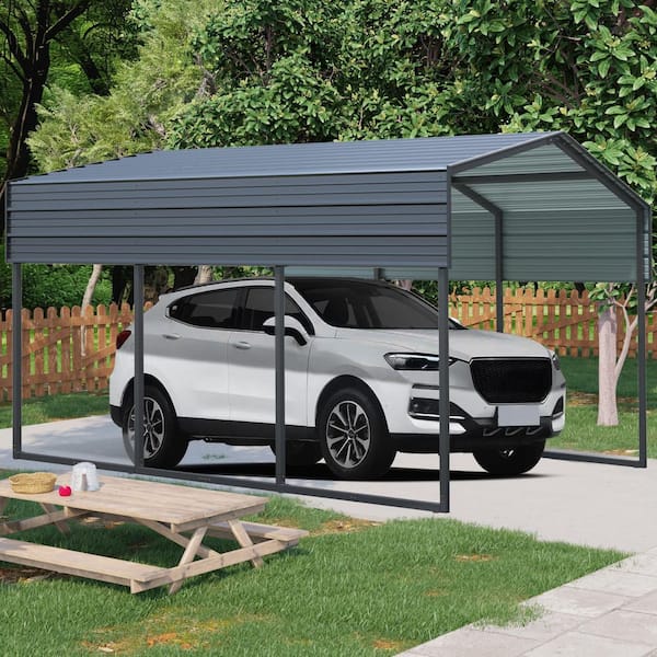 10 ft. W x 15 ft. D Outdoor Metal Carport with Horizontal Galvanized Steel Roof in Charcoal