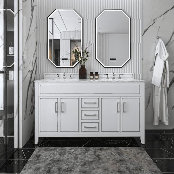 Ancerre Designs Aspen 60 in. W x 22 in. D White Bath Vanity with Top in Carrara Marble with White Basin