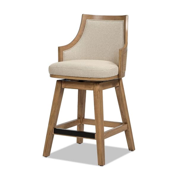 Jennifer Taylor Bahama 26 in. Taupe Beige High-Back Wood Swivel Counter Stool with Textured Weave Seat and Cane Rattan Accent