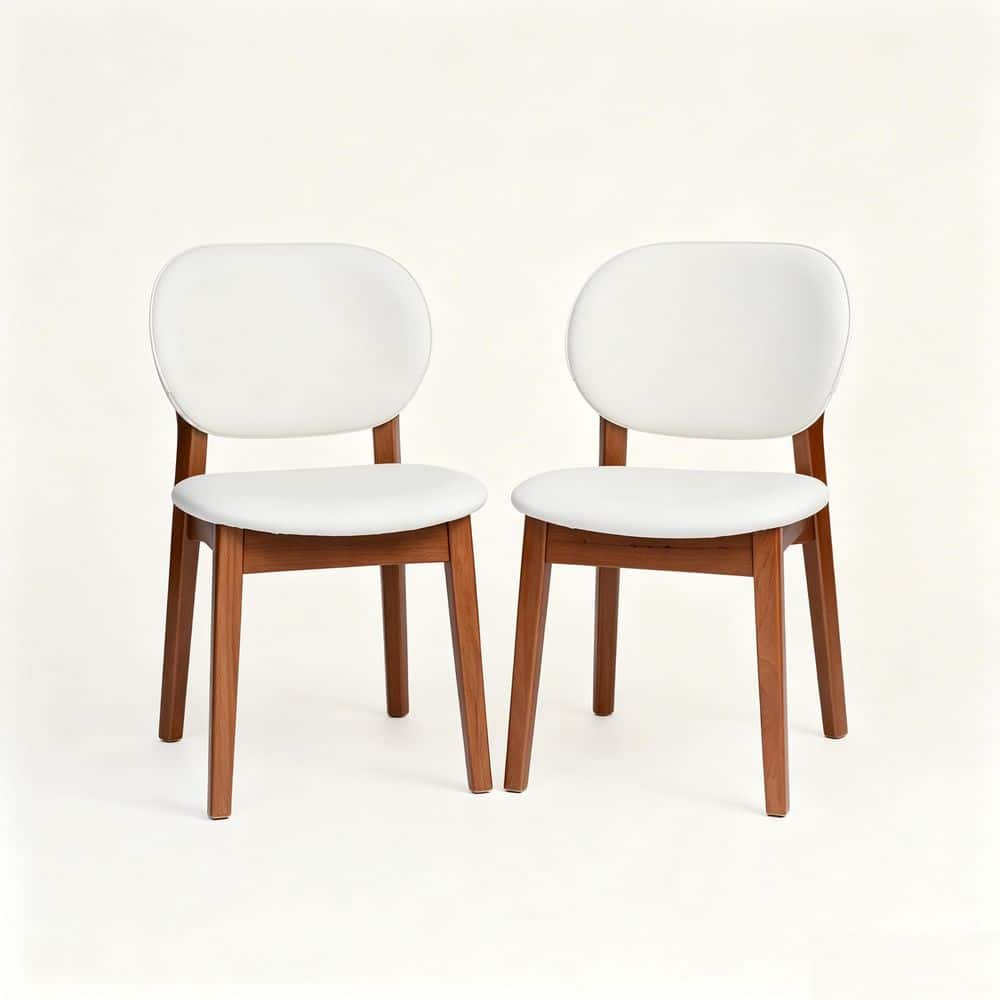 Mid-Century Modern Walnut and Cream White Faux Leather Upholstered Dining Chair with Curved Backrest, Set of 2