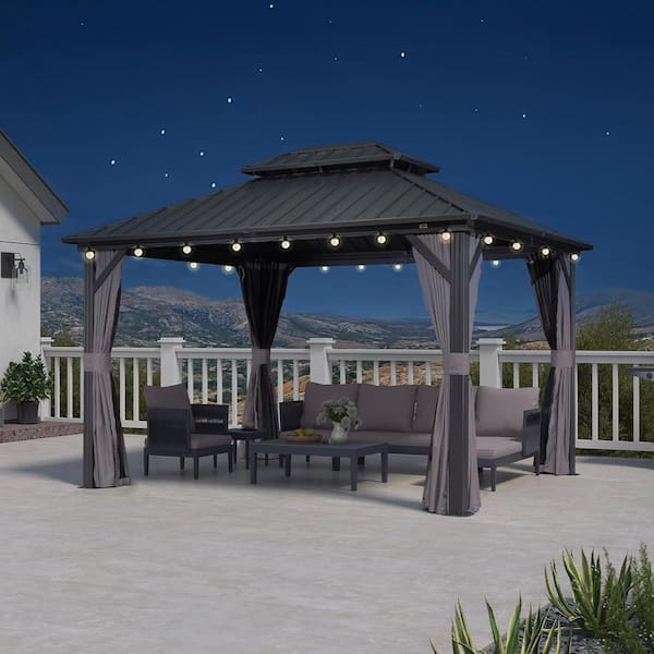 PURPLE LEAF 10 ft. x 12 ft. Gray Aluminum Hardtop Gazebo Canopy with Netting and Curtains