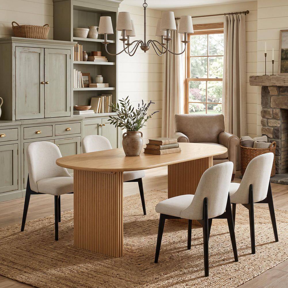 5-Piece Modern Oval Natural Wood Top 67 in. Double Pedestal Base Dining Table Set Seats 4