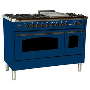 48 in. 5.0 cu. ft. Double Oven Dual Fuel Italian Range True Convection, 7 Burners, Griddle, LP Gas, Bronze Trim in Blue