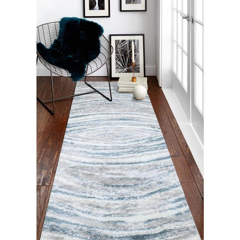 Rectangular Blue Geometric Shag Synthetic Easy Care Rug
