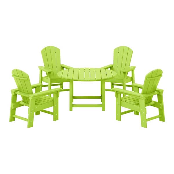 Children's Laguna Outdoor Patio All Weather Plastic 5-Piece Kids Adirondack Round Picnic Table Dining Set in Lime