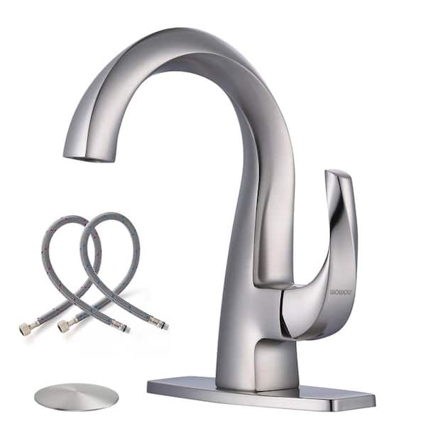 WOWOW Single Handle Single Hole Bathroom Faucet with Deckplate Included and Drain Kit in Brushed Nickel