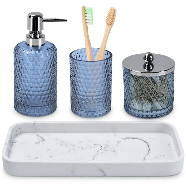 4-Piece Bath Accessory Set with Lotion Soap Dispenser, Toothbrush Holder, Qtip Holder Dispenser and Tray in Blue Glass