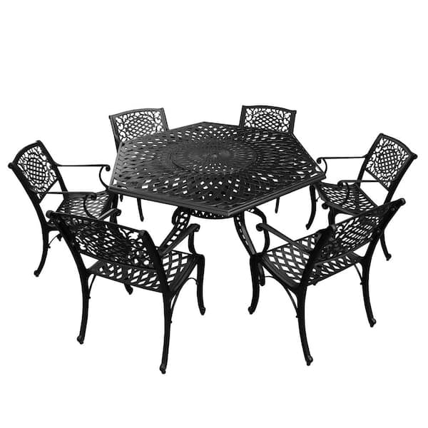 Oakland Living Black 7-Piece Hexagon Aluminum Mesh Outdoor Dining Set with 6-Chairs