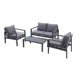 4-Pieces Aluminum Outdoor Patio Conversation Set, All-Weather Sectional Sofa Outside Furniture with Gray Cushions