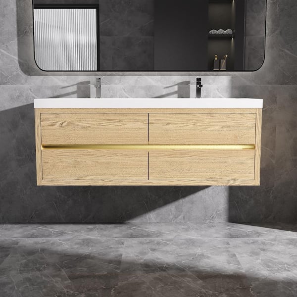 60 in. Wall-Mounted Floating Bath Vanity in Natural Oak with Double Solid Surface Sink Top in White