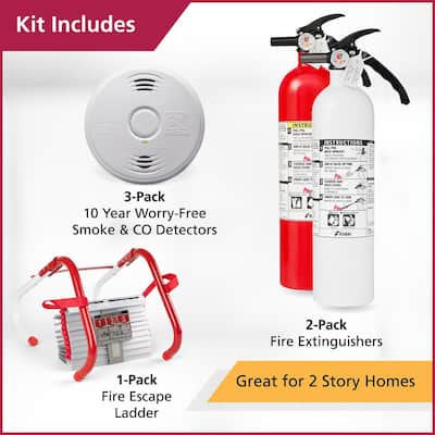 2-Story Home Fire Safety Kit, 3-Pack Hardwired Smoke/CO Detector with Fire Escape Ladder & 2-Pack Fire Extinguisher