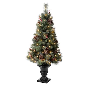 4 ft. Flocked Artificial Christmas Tree with 100 Warm White Light Pinecone and Berries