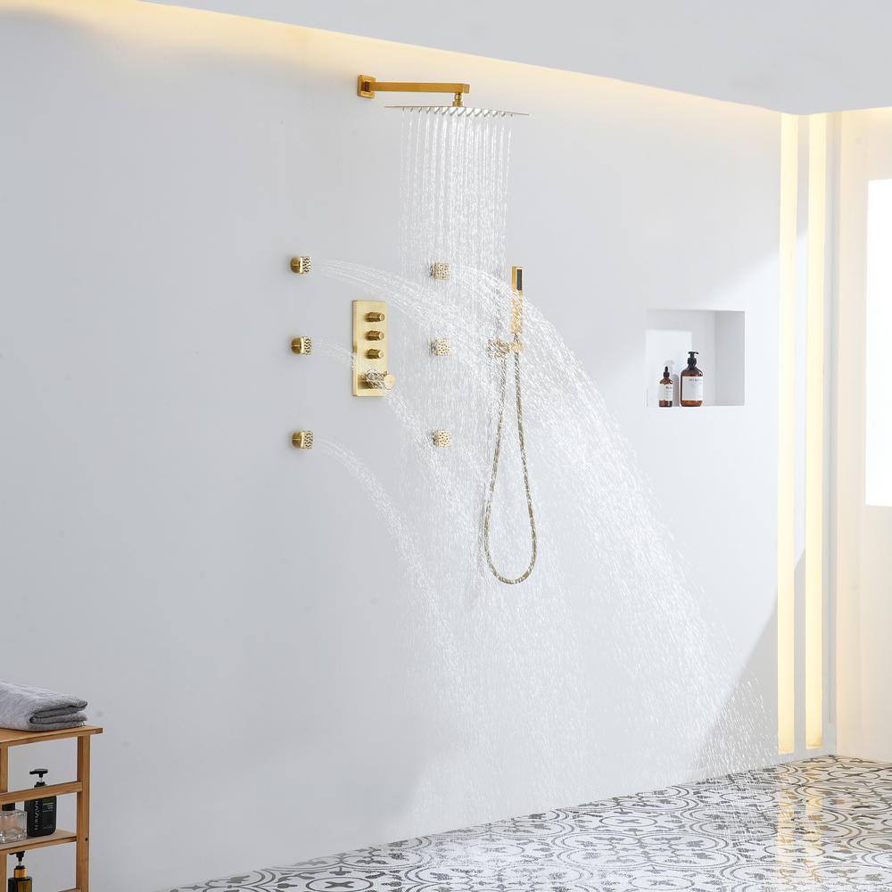 Brushed Gold Dual Square Wall Mount Shower System with Handheld