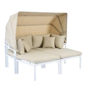 3-Piece White Metal Outdoor Day Bed with Beige Cushions, Retractable Canopy