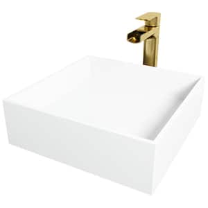 Matte Stone Bryant Composite Square Vessel Bathroom Sink in White with Amada Faucet and Drain in Matte Gold