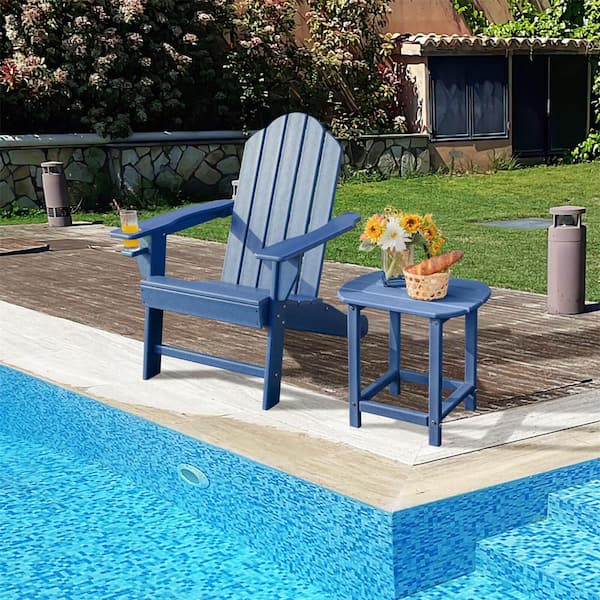 Navy Plastic Patio Adirondack Chair Weather-Resistant Garden Deck with Cup Holder