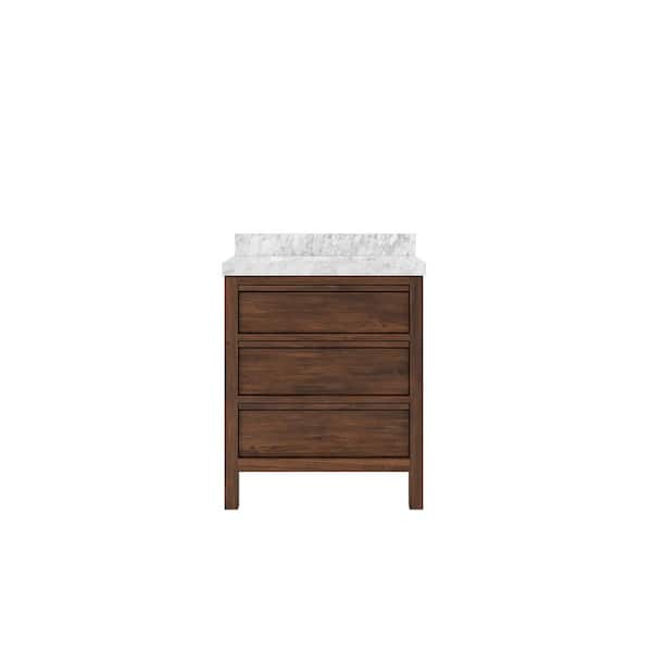 Willow Collections Elizabeth Teak 30 in. W x 22 in. D x 36 in. H Single Sink Bath Vanity Center in Dark Walnut with 2" Carrara Marble Top