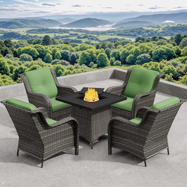 Gardenbee 5-Piece Patio Wicker Outdoor Lounge Chair Set with Green Cushions and Rectangular Fire Pit Table