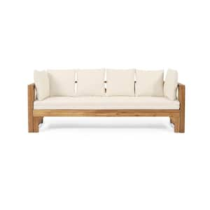 Long Beach Natural Wood Outdoor Day Bed with Water-Resistant Beige Cushions