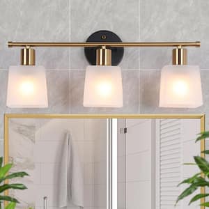 Modern Bathroom Vanity Light, 3-Light Black and Gold Powder Room Wall Sconces with Square Frosted Glass Shades