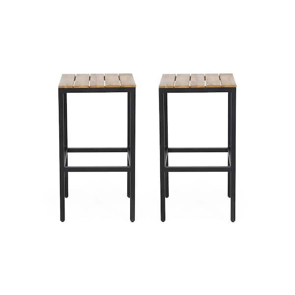 Black Teak Metal and Acacia Wood Outdoor Bar Stool, Patiio Dining