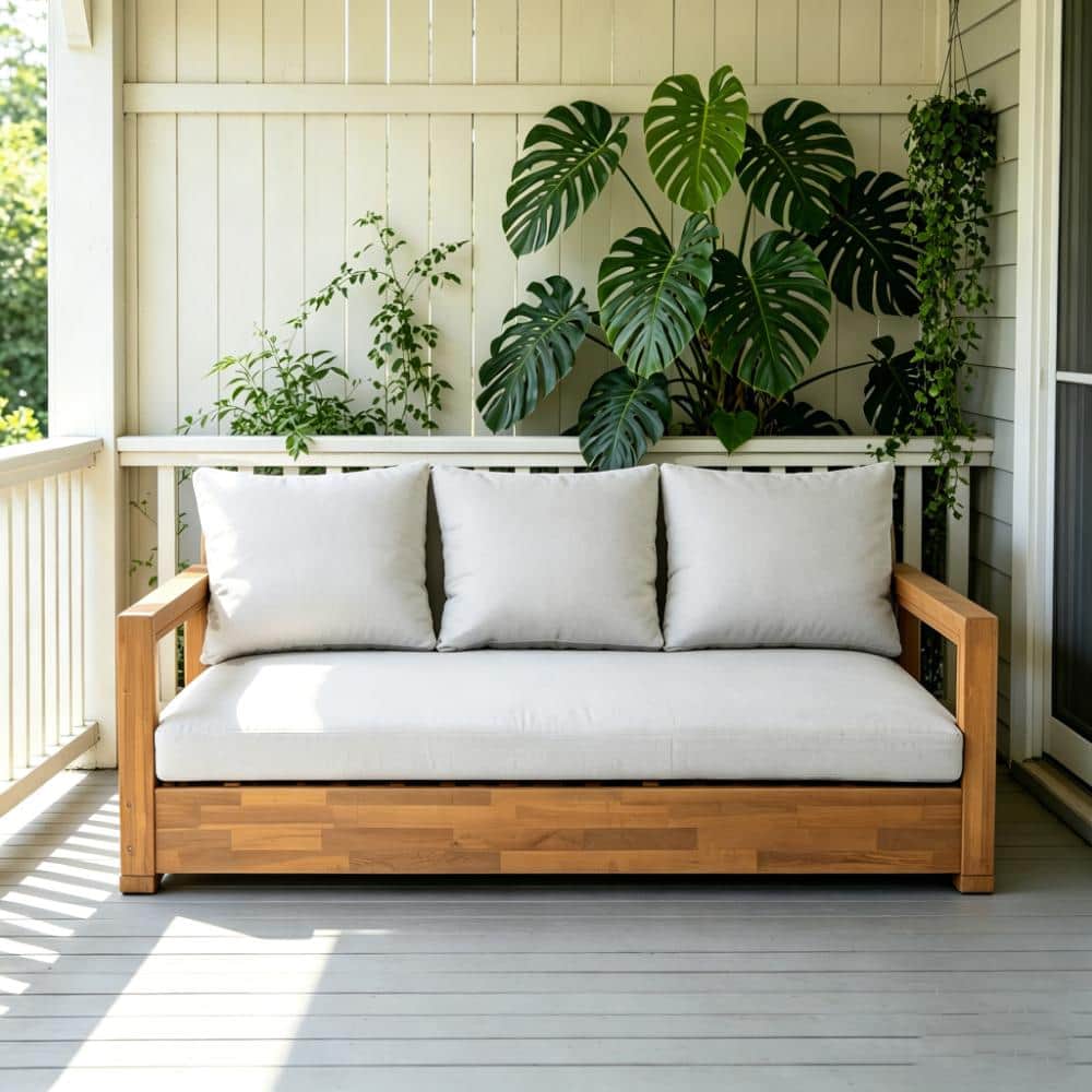 Patio Acacia Wood Outdoor 3-seater Low Seating Daybed Sofa with Light Gray Cushions for Poolside Backyard and Garden price history on PriceWatchPro