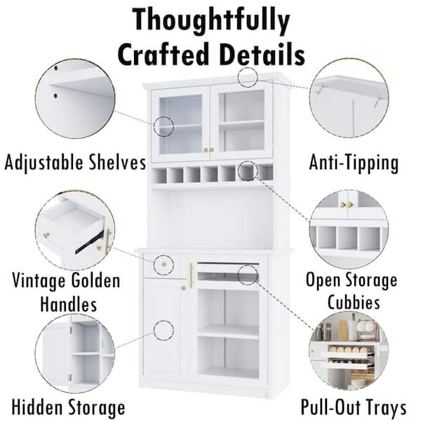 Modern White Wood 35.4 in. W Buffet with Hutch, Drawer and Glass Door