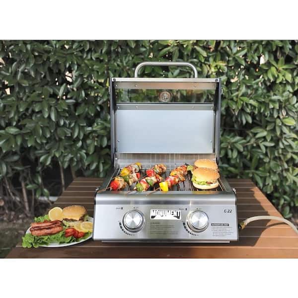 Monument Grills Portable Tabletop Propane Gas Grill in Stainless Steel with  Clearview Lid (2-Burner) G22 The Home Depot